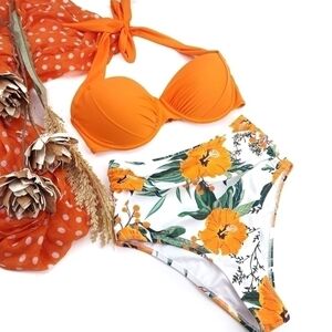 New Orange Floral 2pc Swimsuit Sz  XS / S
